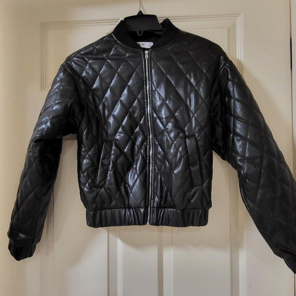 New Black Faux Leather Quilted Bomber Jacket size Small